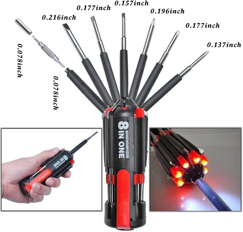 Destornillador 8 en 1 con linterna LED y puntas desplegadas