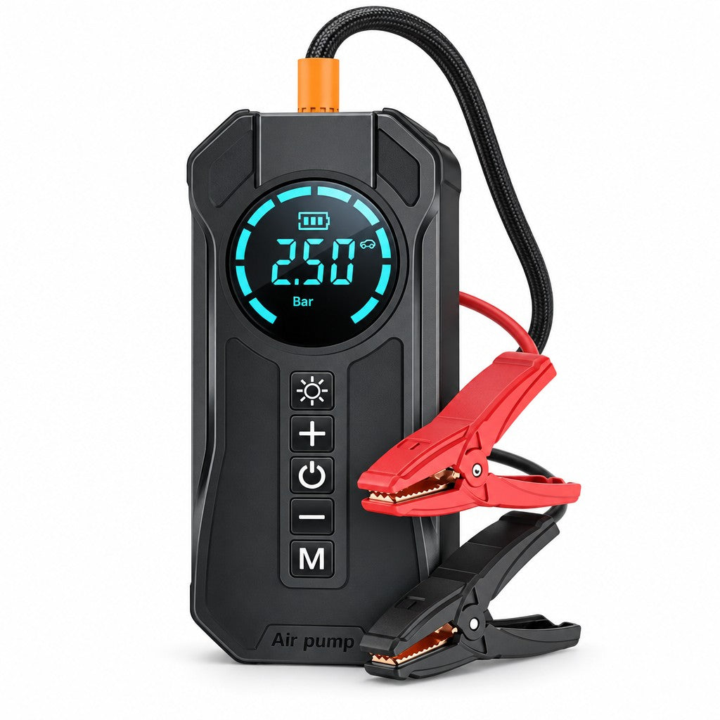 Arrancador de batería con inflador y power bank, vista frontal con pinzas y manguera