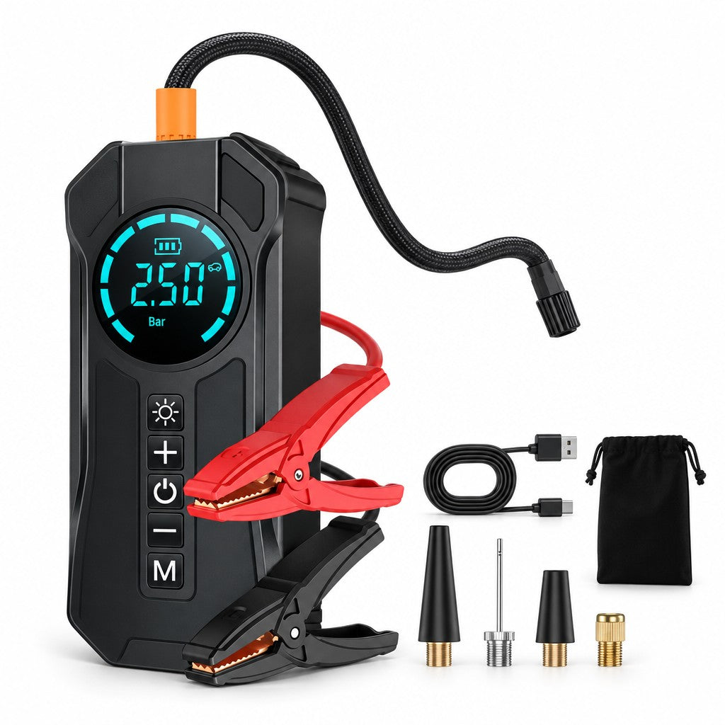 Arrancador con pinzas, manguera, boquillas, cable USB y bolsa incluidos