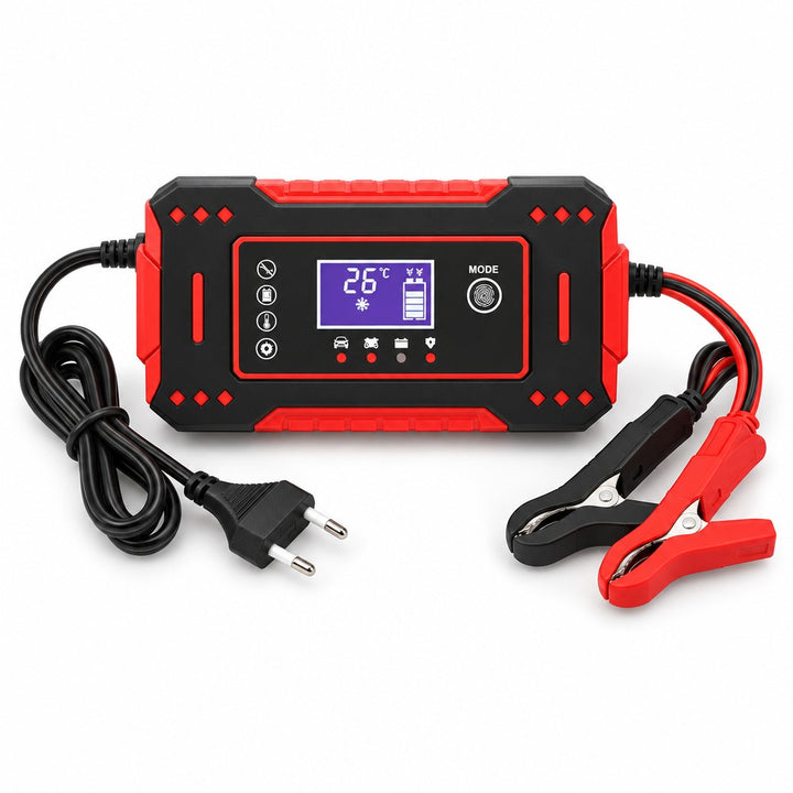 Cargador inteligente de batería 12 V con cable y pinzas, vista frontal