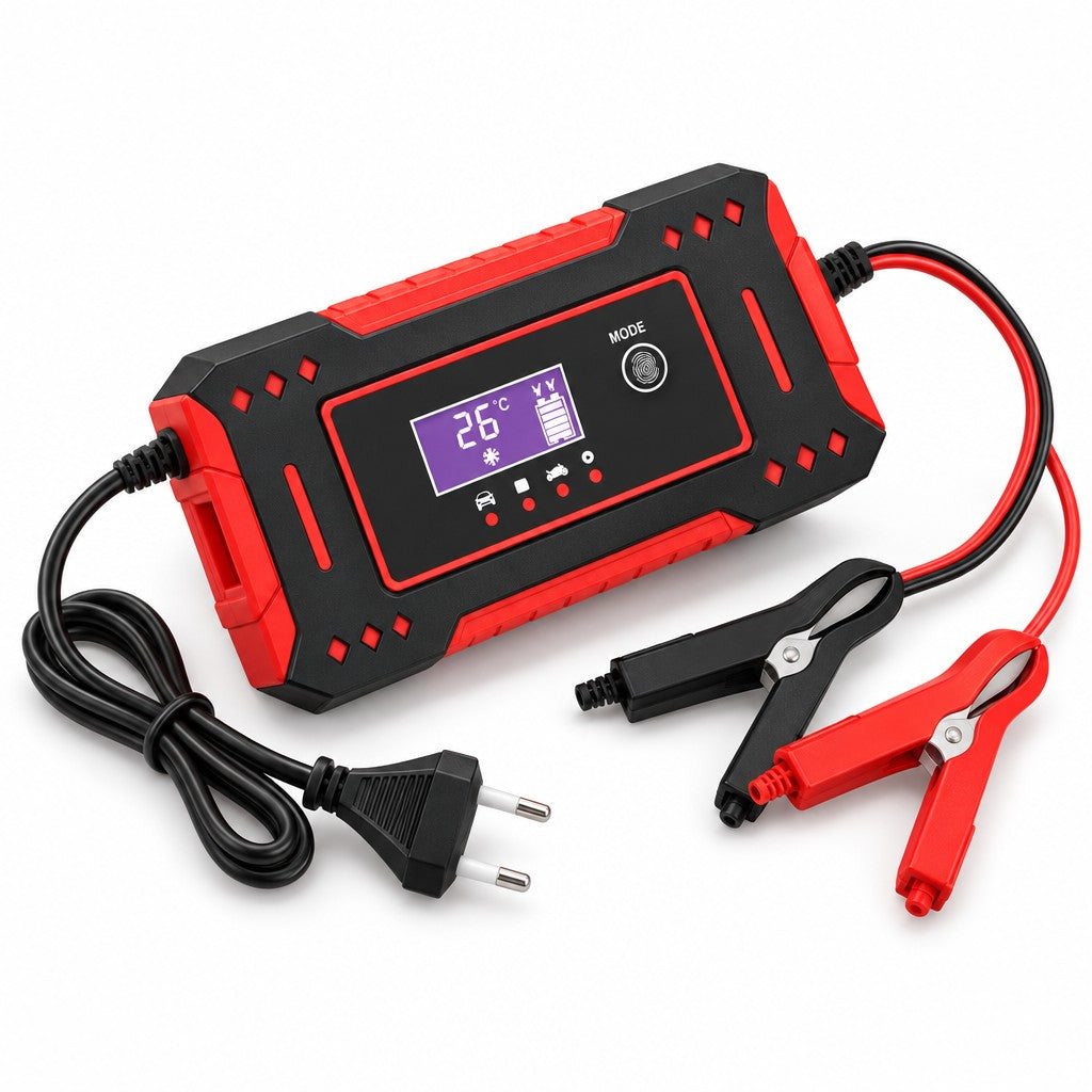 Cargador de batería con enchufe, cable y pinzas, vista en ángulo