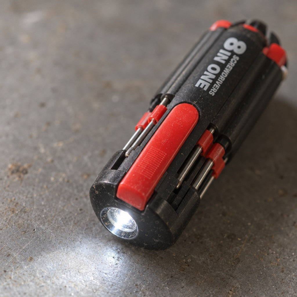 Detalle de la linterna LED del destornillador encendida